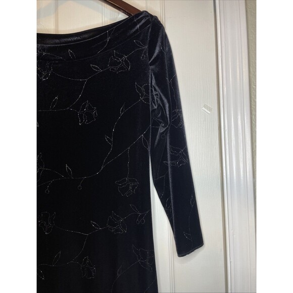 Vintage 90s Positive Attitude Black Velvet Maxi Dress Floral Embroidery Y2K Glam - Picture 3 of 8